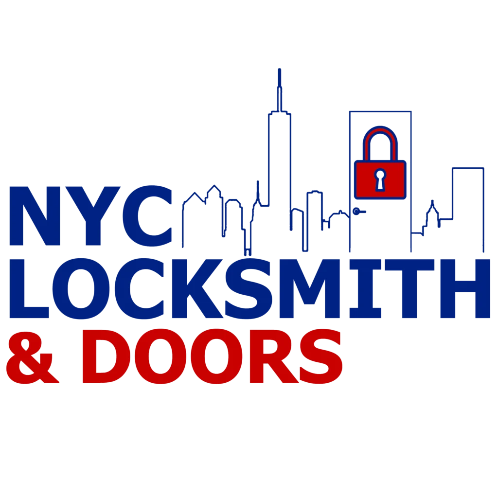 nyc outline with door & lock and the company name NYC Locksmith & Doors